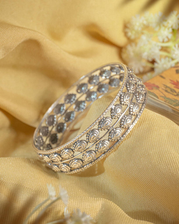 92.5 Sterling Silver Antique Multi-Row Motif Bangle | Traditional Oxidized Wide Kada