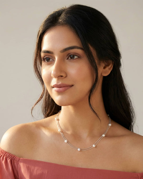 92.5 Sterling Silver Double Layer Pearl Station Necklace | Minimalist Dainty Chain