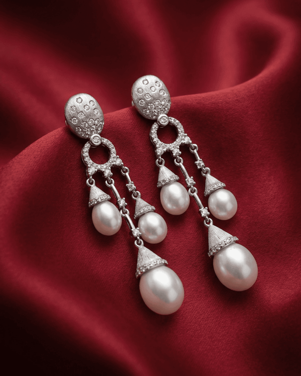 92.5 Sterling Silver Triple Pearl Drop Earrings | Matte Finish CZ Diamond Danglers