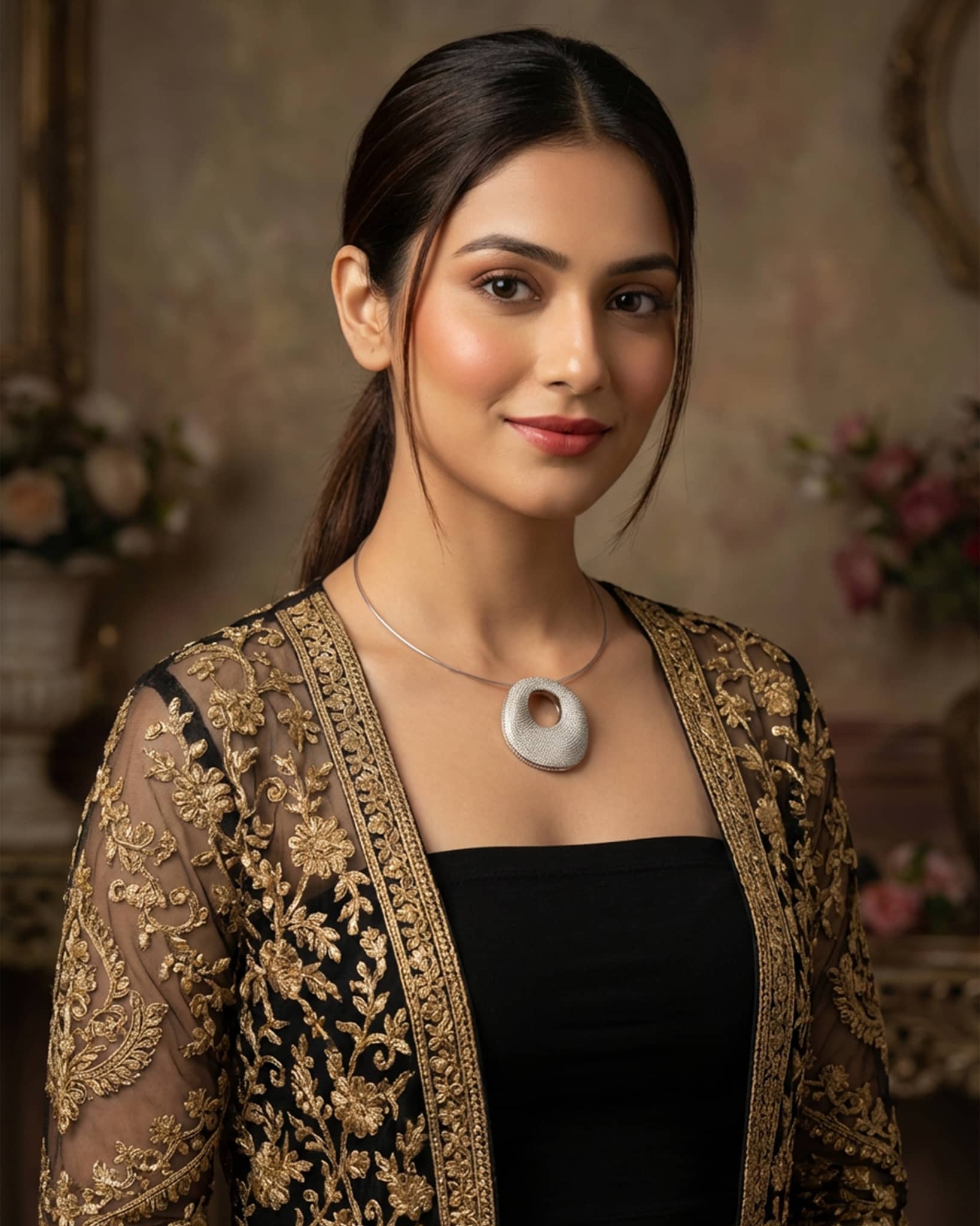 92.5 sterling silver modern hasli necklace featuring a circular pendant studded with small American Diamonds.