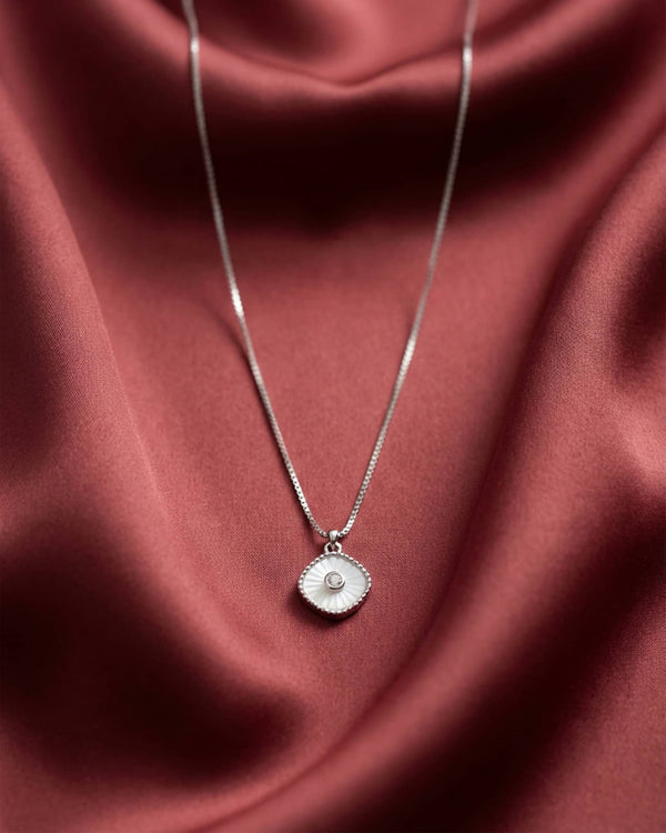 92.5 Sterling Silver White Sunburst Cushion Pendant Necklace | Minimalist MOP Style Charm