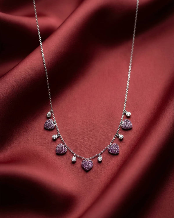 92.5 Sterling Silver Pink Pave Heart Station Necklace | Ruby Color CZ Dangles