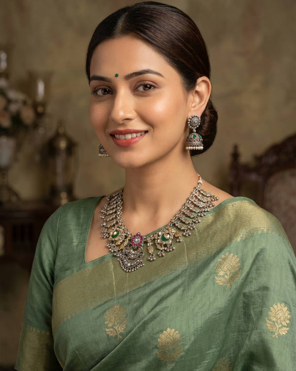 92.5 Sterling Silver Oxidized Bridal Necklace Set | Dual Tone Peacock Kundan Haar with Jhumkas