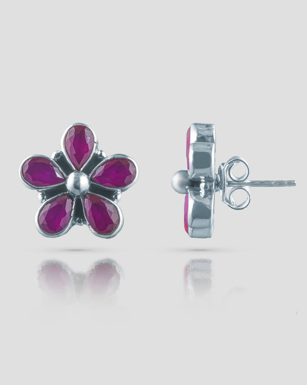 92.5 Sterling Silver Ruby Pink Floral Studs | 5-Petal Bezel Design
