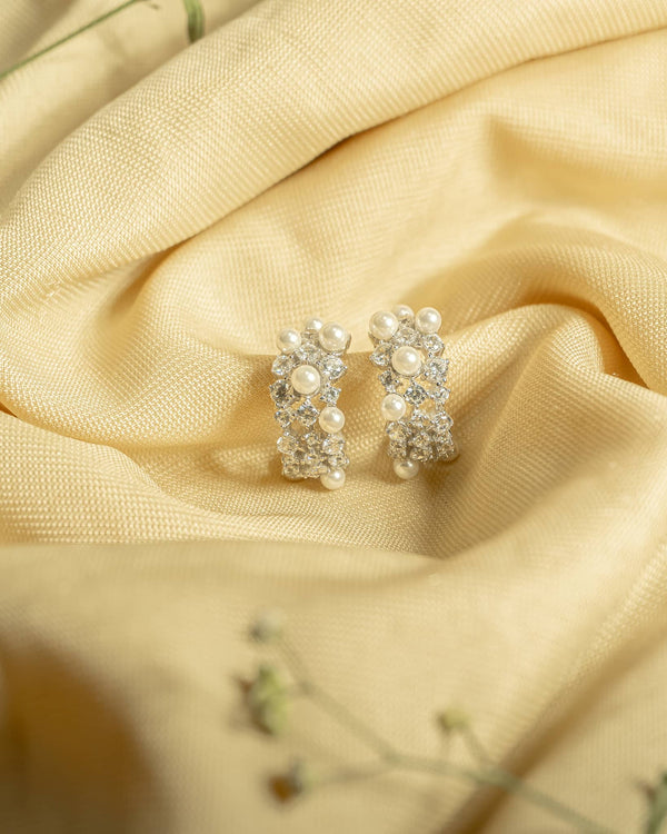 Premium 925 Sterling Silver Pearl & AD Hoop Earrings | Luxury Broad Half-Bali