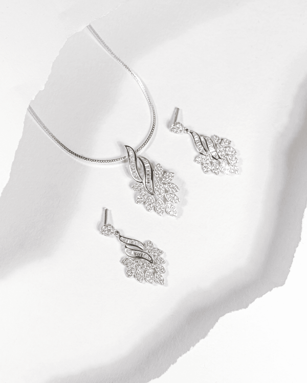 925 Sterling Silver Cascading Leaf Pendant Set with Baguette CZ | Floral Spray Design (Chain Not Included)