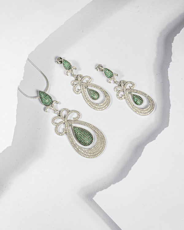 925 Sterling Silver Emerald Green Teardrop Pendant Set with CZ | Royal Cocktail Jewelry (Chain Not Included)