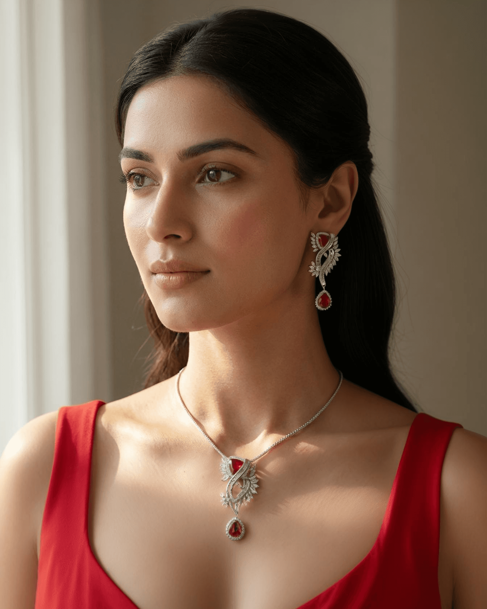 92.5 Sterling Silver Ruby Red CZ Statement Pendant Set | Baguette Swirl Drop (Chain Not Included)