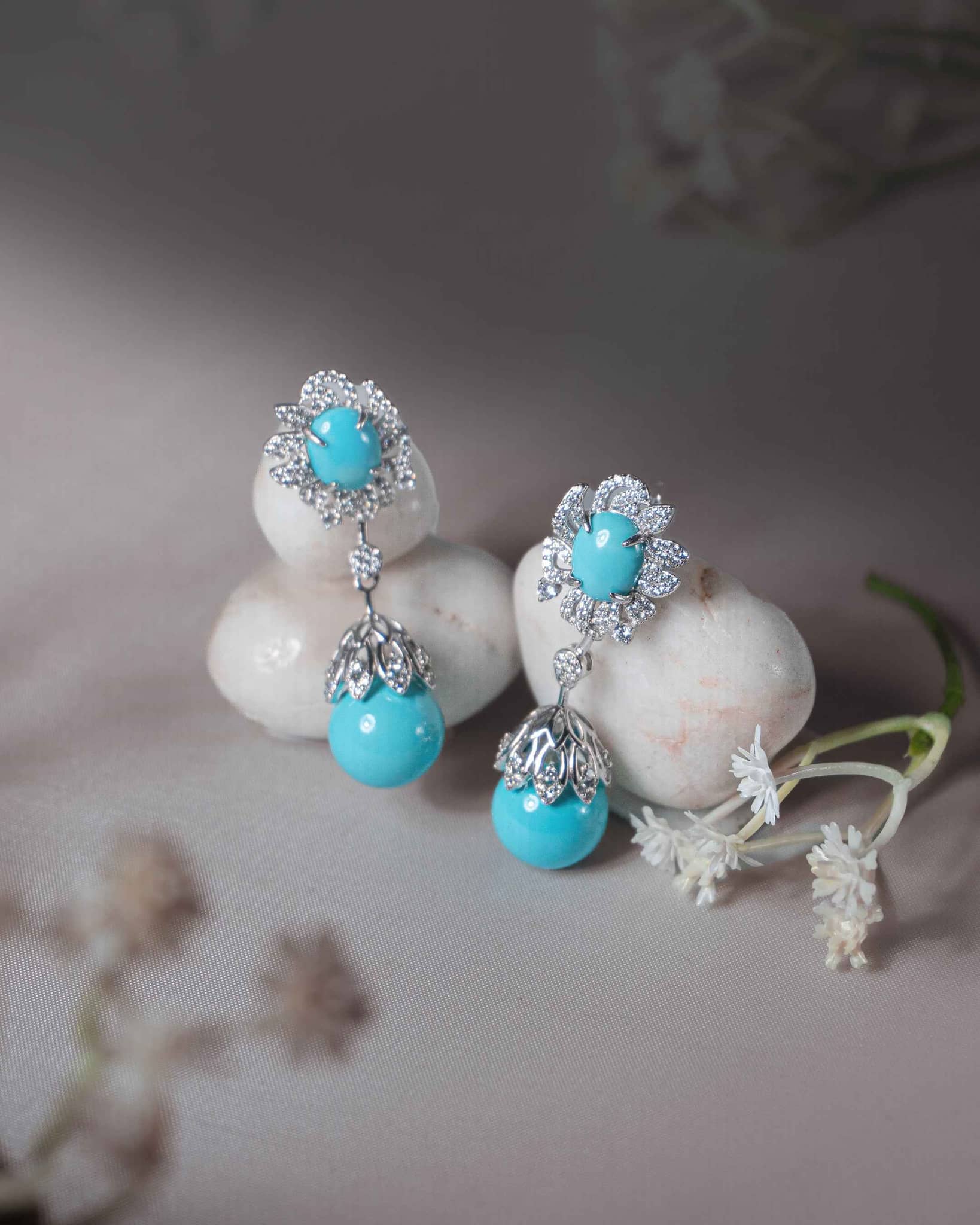 92.5 Sterling Silver Real Turquoise Statement Drop Earrings | Floral CZ Firoza Dangle