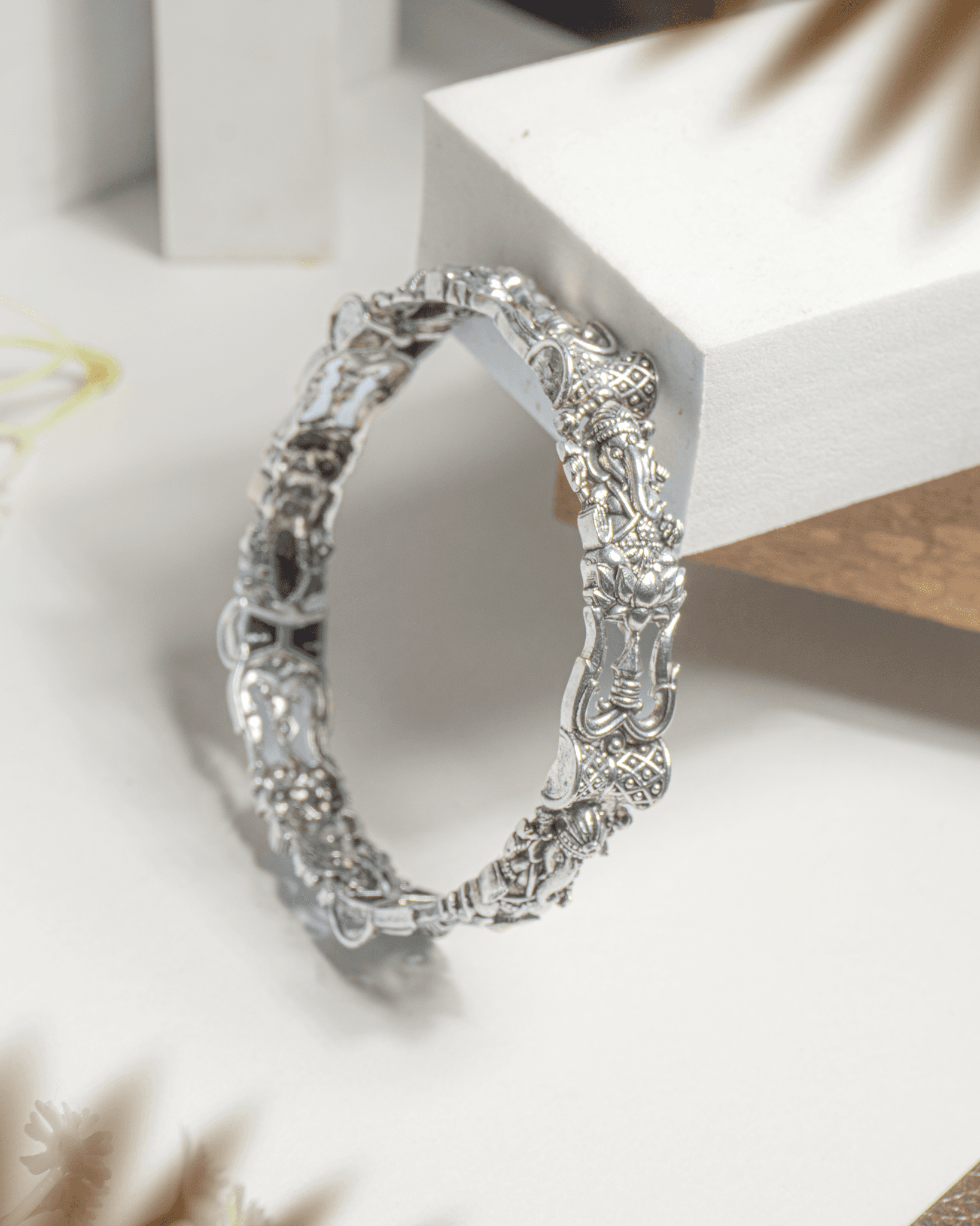 92.5 Sterling Silver Oxidized Ganesha Bangle | Antique Lotus Temple Kada