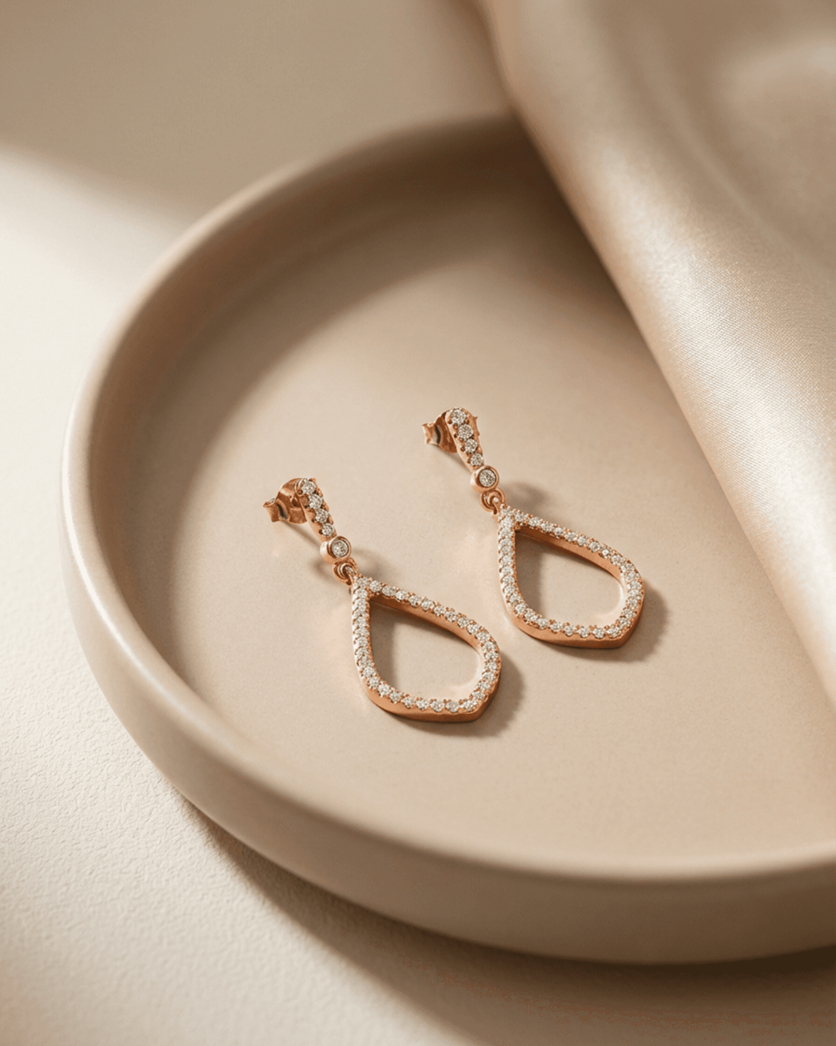 92.5 Sterling Silver Rose Gold Open Teardrop Pendant Set | CZ Dangle Studs (Chain Not Included)