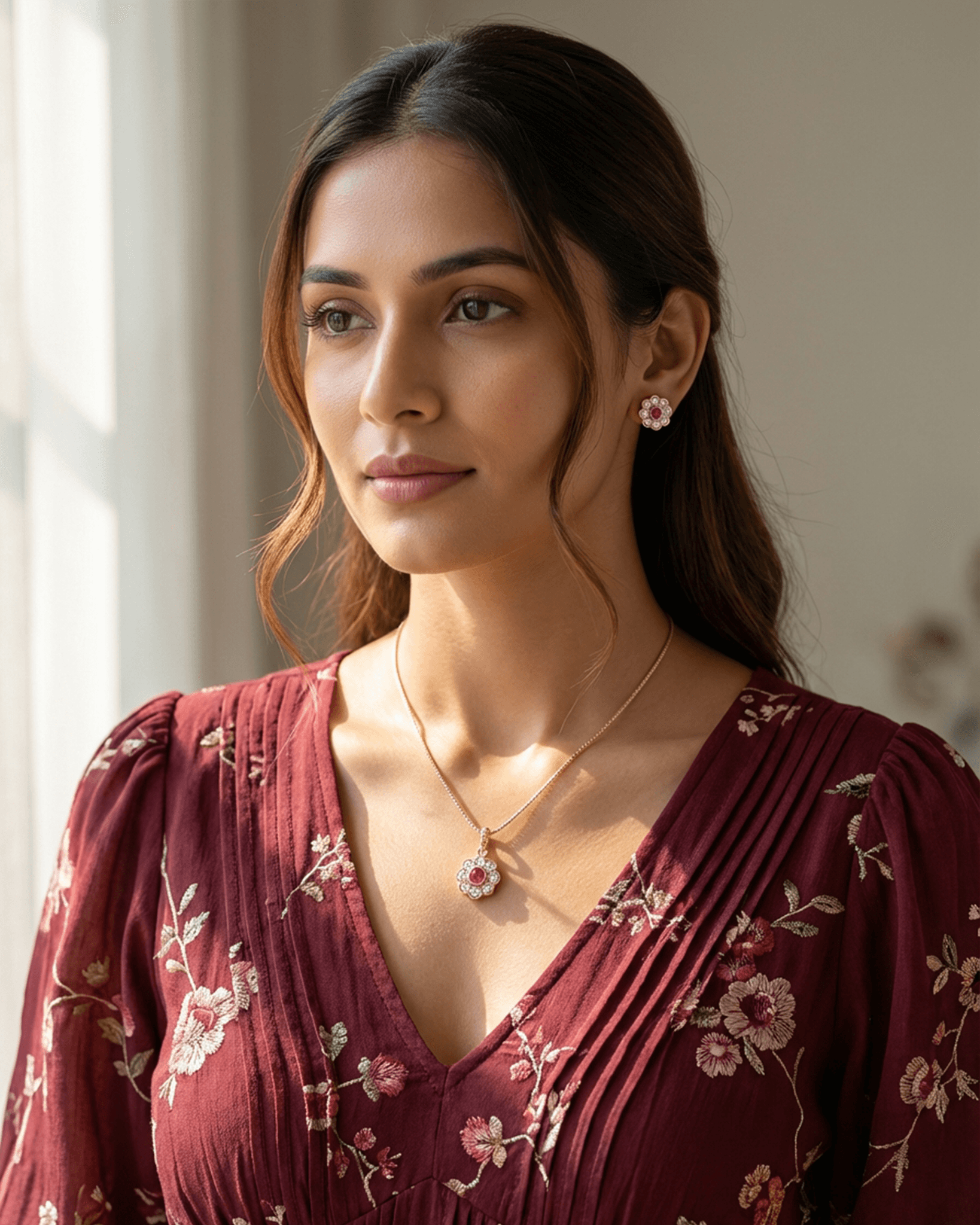 92.5 Sterling Silver Rose Gold Ruby Floral Pendant Set | CZ Halo Studs (Chain Not Included)