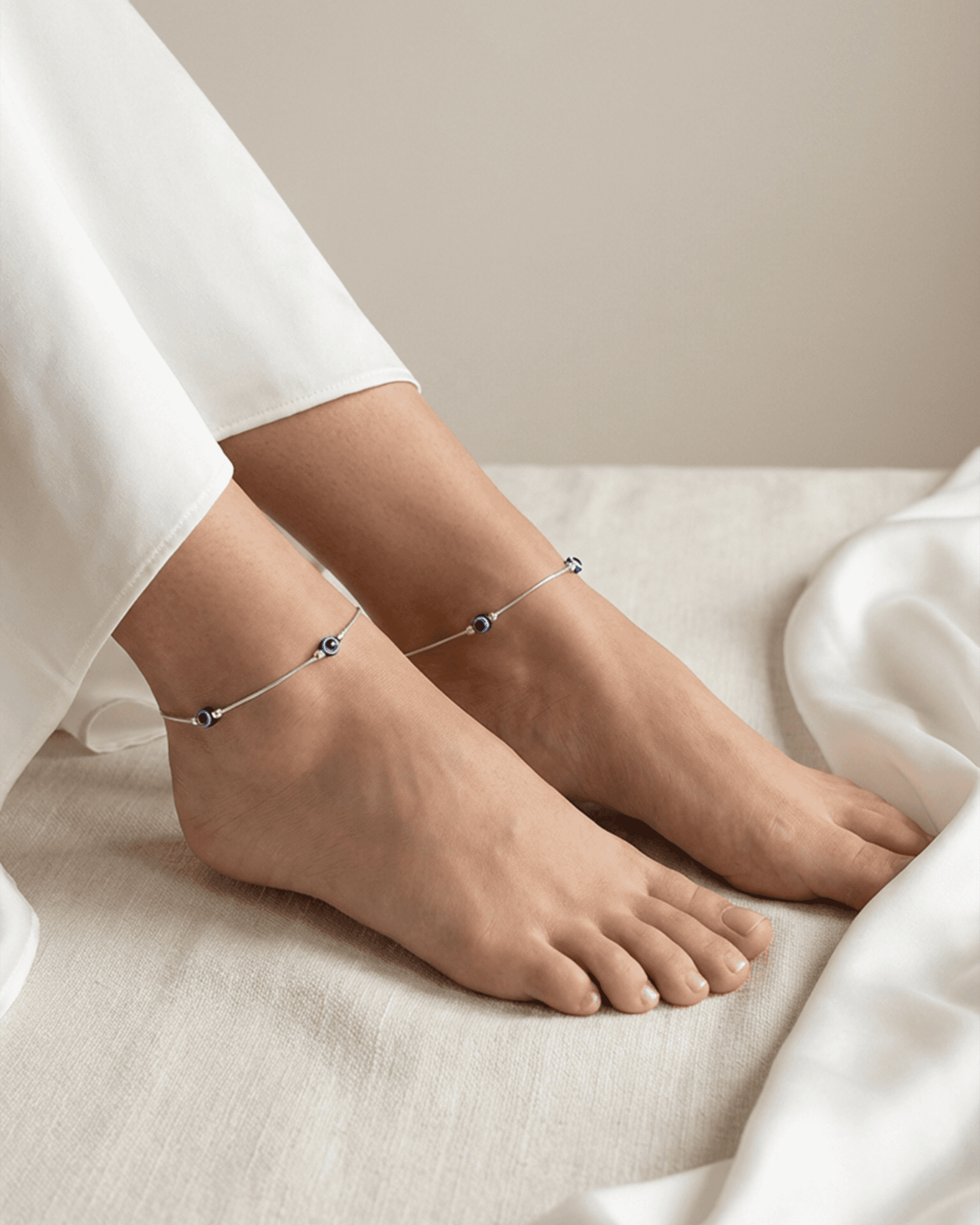 92.5 Sterling Silver Evil Eye Station Anklet | Blue Nazar Bead Snake Chain Payal