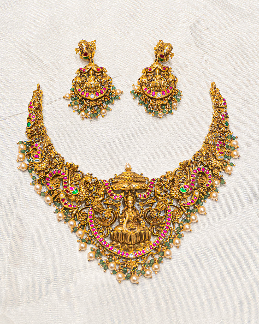Lakshmi Peacock Antique Temple Necklace Set with Earrings