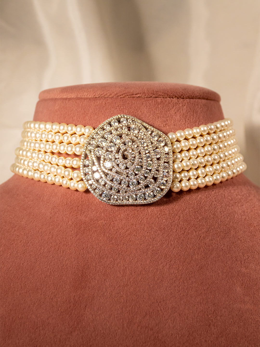 Diamond-look pearl silver choker necklace with multi-strand pearls by Hardik Jewels