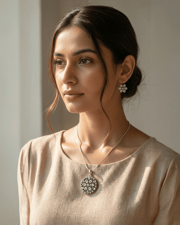 92.5 Sterling Silver Oxidized AD Floral Pendant Set | Stud Earrings (Chain Not Included)