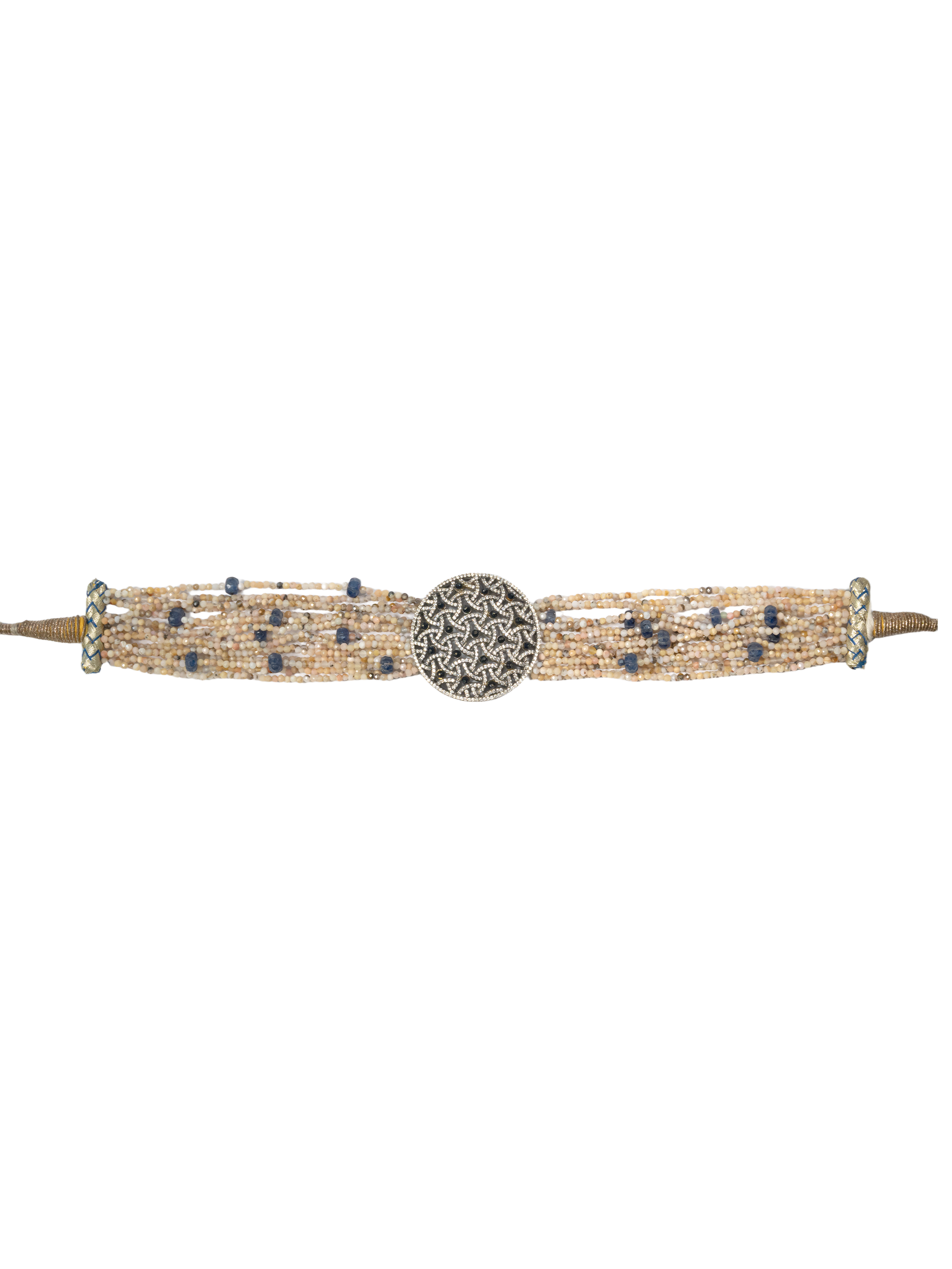 Ivory and blue bead strand detail of silver choker by Hardik Jewels