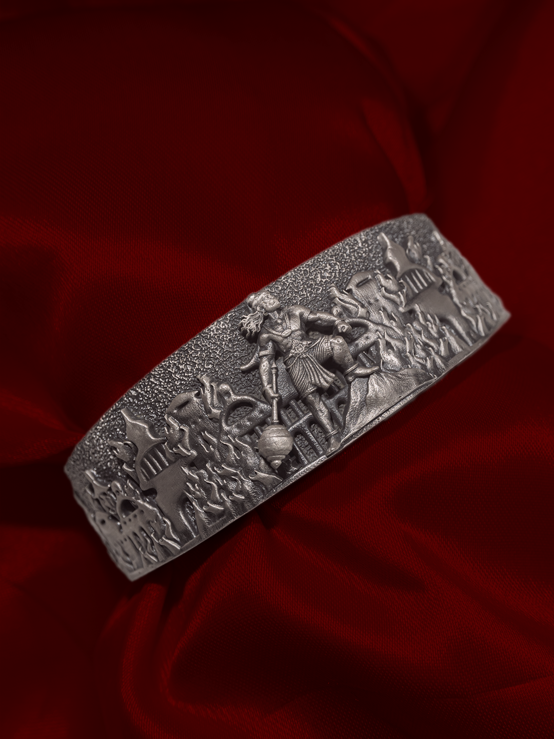 Antique silver warrior temple kada side detail