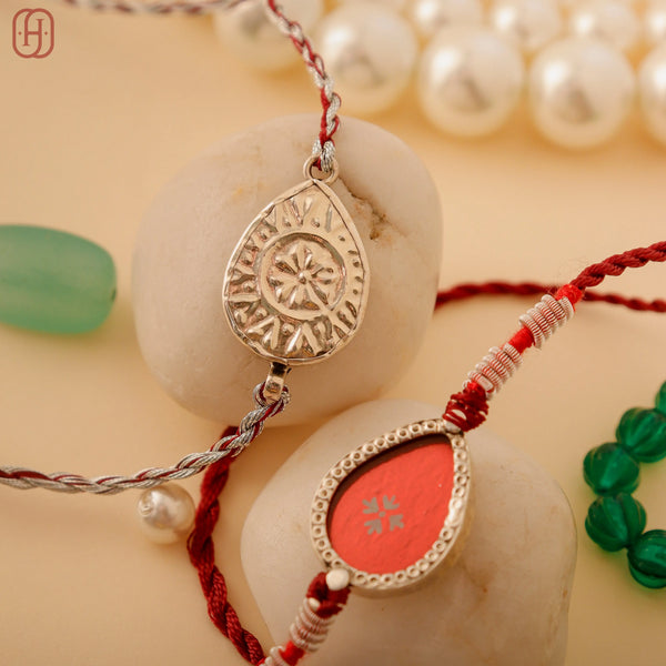 Hardik Jewels Red Enamel Teardrop Rakhi - Handcrafted Elegance