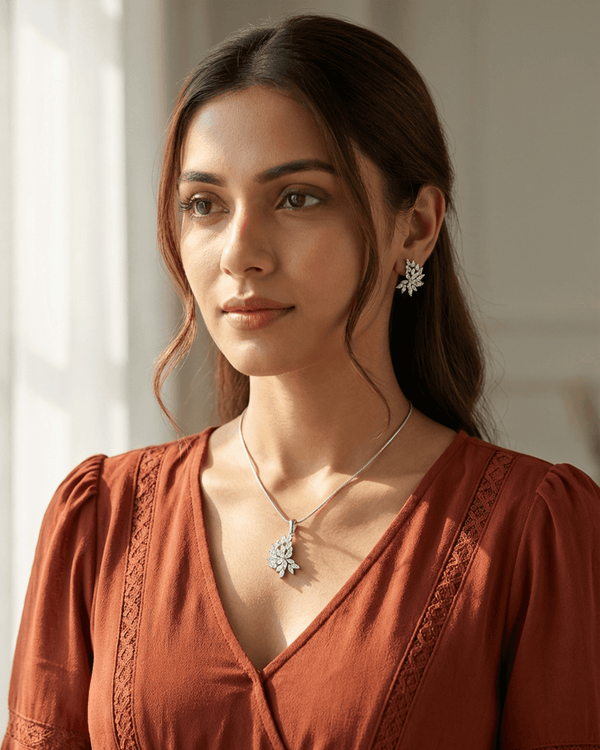 92.5 Sterling Silver Marquise CZ Floral Wing Pendant Set | Diamond Look Studs (Chain Not Included)