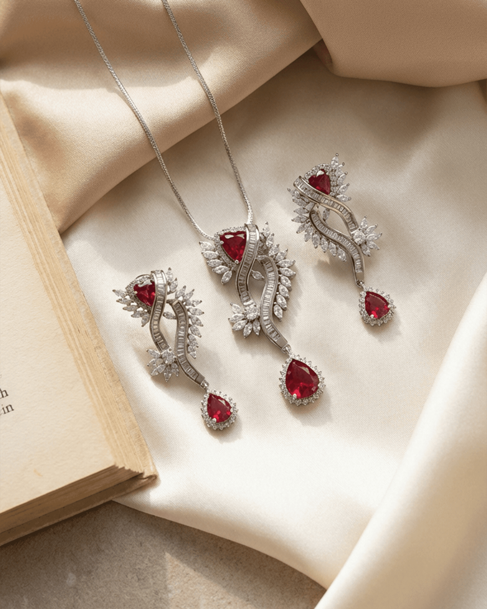 92.5 Sterling Silver Ruby Red CZ Statement Pendant Set | Baguette Swirl Drop (Chain Not Included)