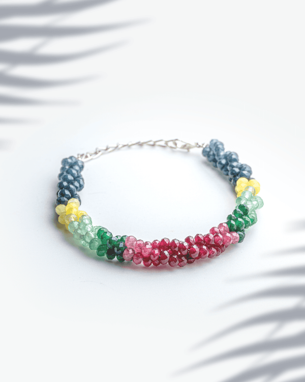 Multi Precious onyx Faceted Bead Bracelet with Silver Chain | Luxury Color-Block Jewelry