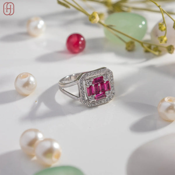 Octagon Ruby and American Diamond Silver Ring