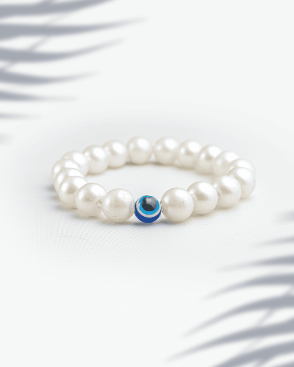 White Shell Pearl & Evil Eye Protection Bracelet | Elegant Nazar Battu Jewelry