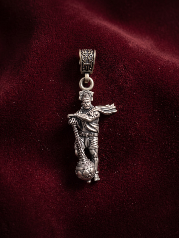 Oxidized 925 Sterling Silver Standing Hanuman Pendant with Gada | Antique Bajrangbali Temple Pendant