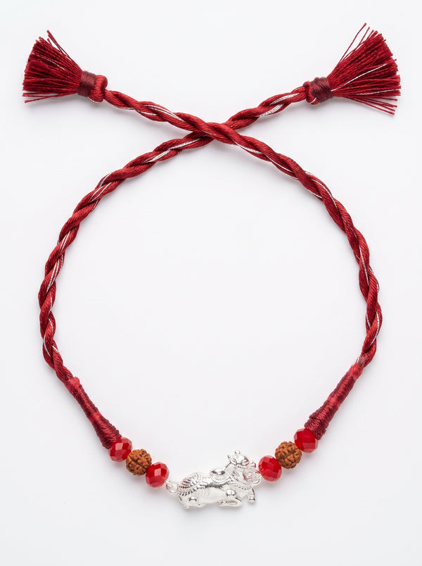Nandi Silver Rakhi with Rudraksha - Maroon