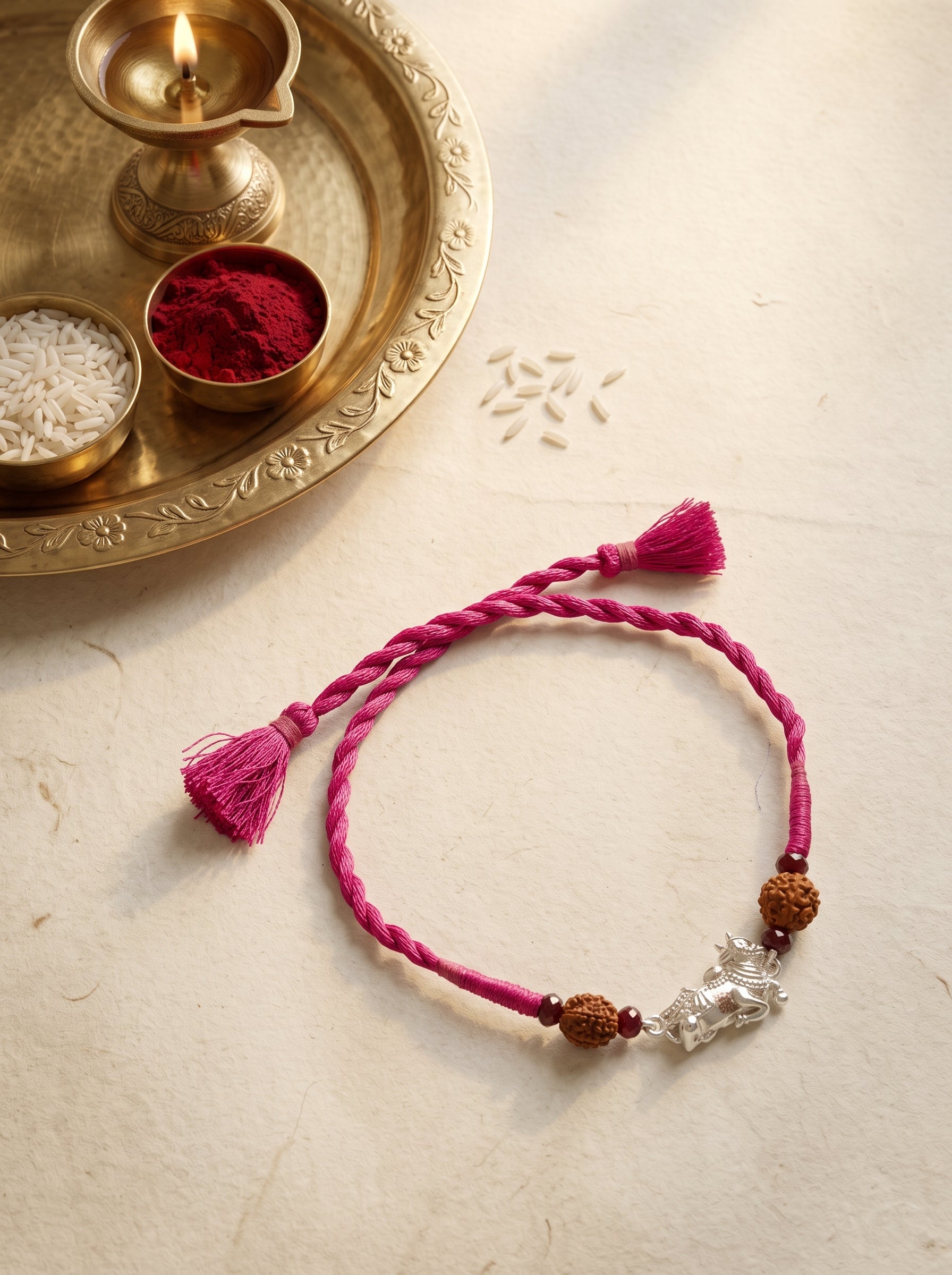 Nandi Silver Rakhi with Rudraksha - Pink