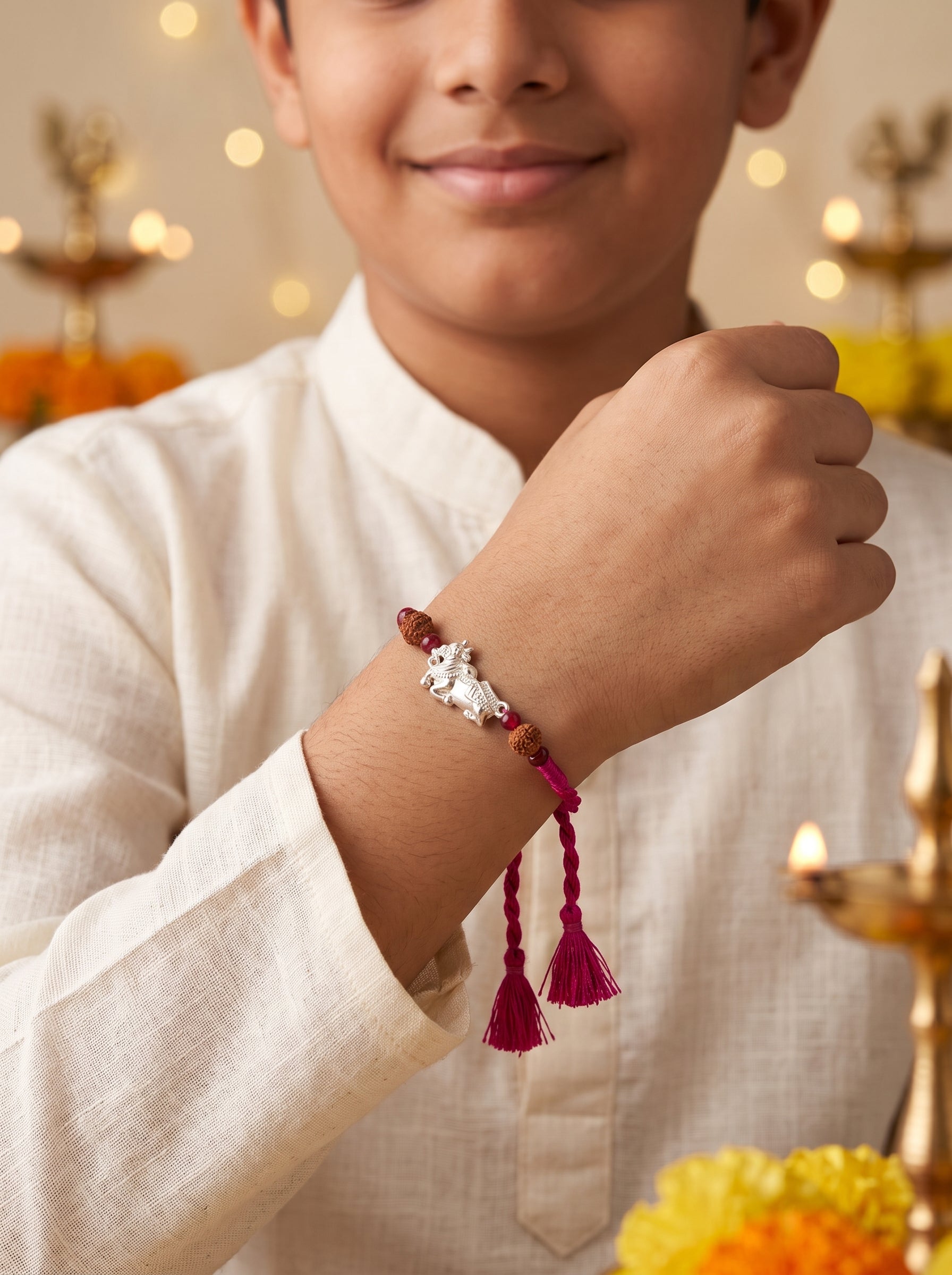 Nandi Silver Rakhi with Rudraksha - Pink