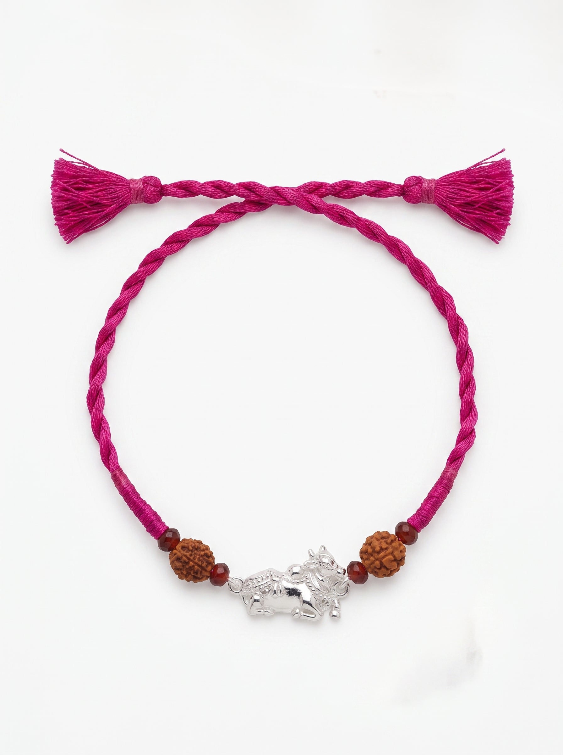 Nandi Silver Rakhi with Rudraksha - Pink - studio product photo - Hardik Jewels