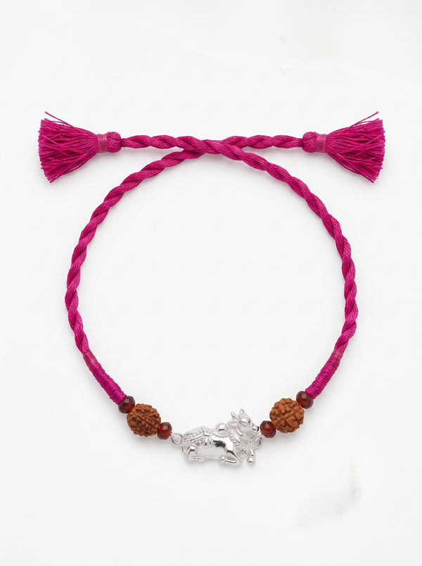 Nandi Silver Rakhi with Rudraksha - Pink