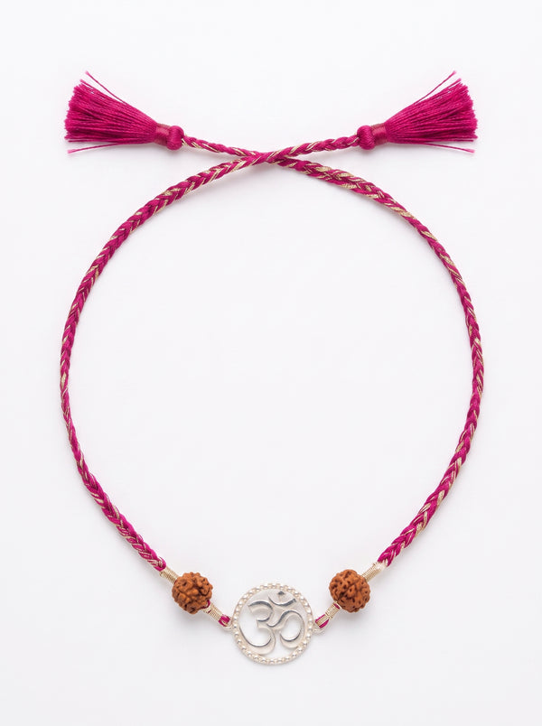 Om Silver Rakhi with Rudraksha - Pink