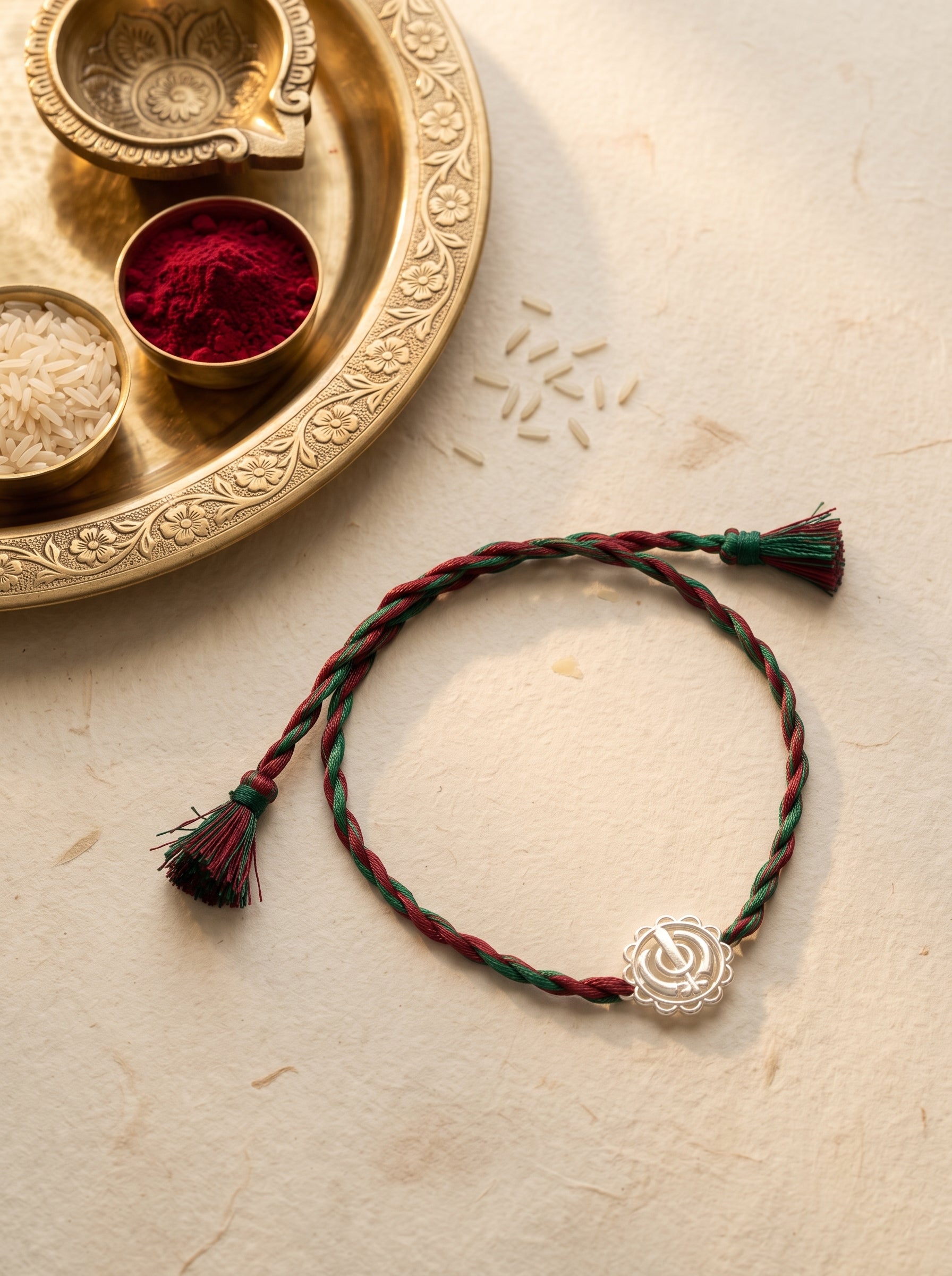 Khanda Silver Rakhi - Red Green Thread
