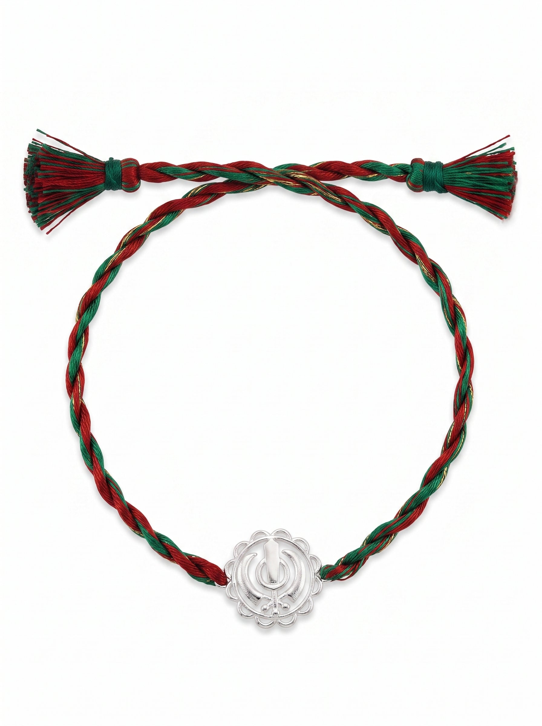 Khanda Silver Rakhi - Red Green Thread - studio product photo - Hardik Jewels