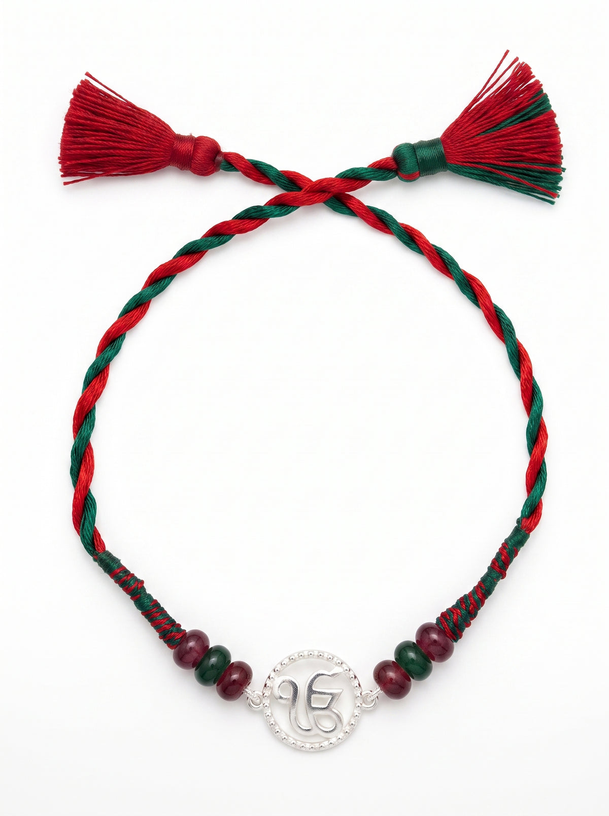 Ik Onkar Silver Rakhi with Beads - Red Green - studio product photo - Hardik Jewels
