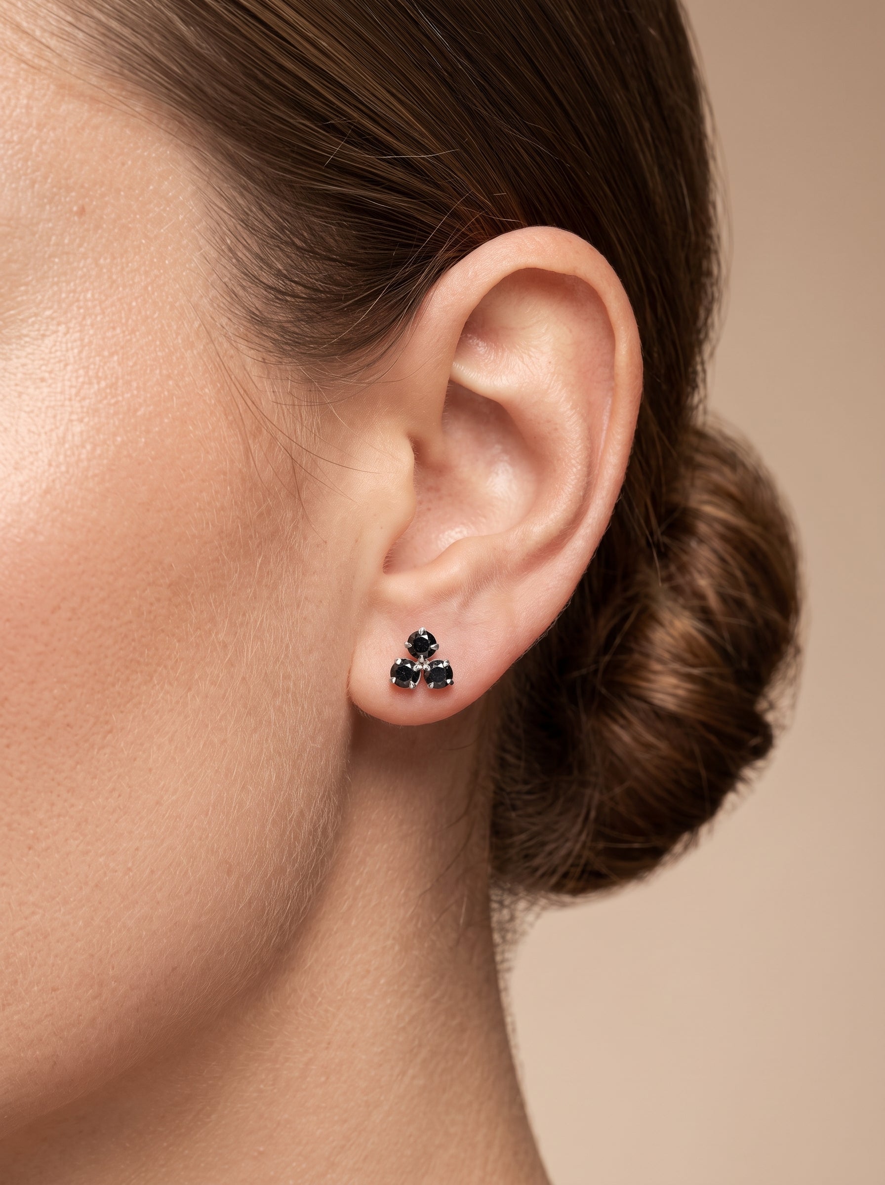 Black CZ Floral Cluster Silver Stud Earrings - ear styling view - Hardik Jewels
