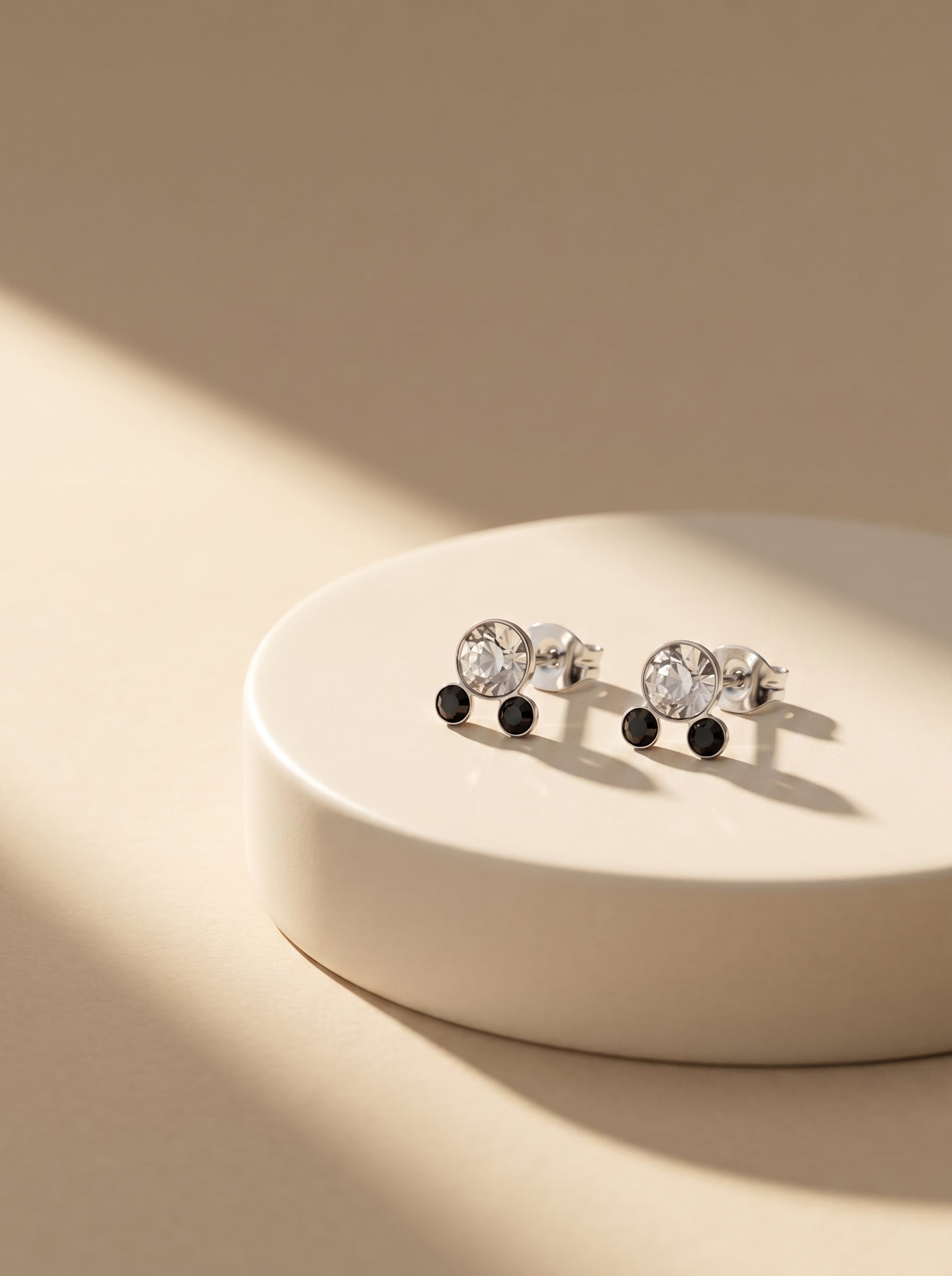 Black & White CZ Double Stone Silver Stud Earrings - premium jewellery display - Hardik Jewels