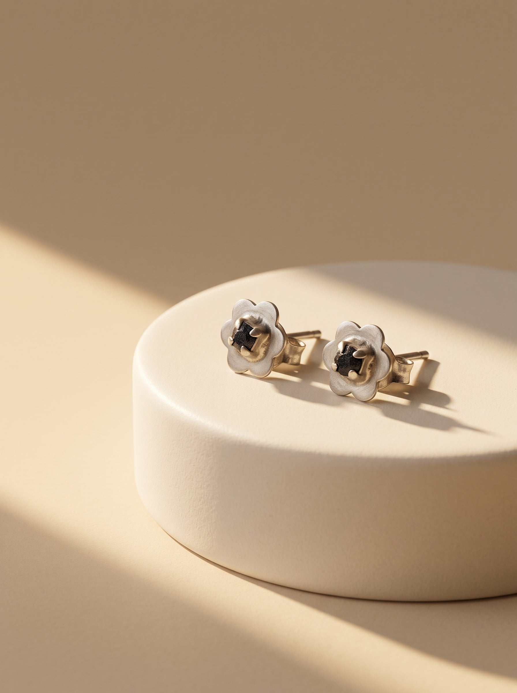 Black Enamel Flower Silver Stud Earrings - premium jewellery display - Hardik Jewels