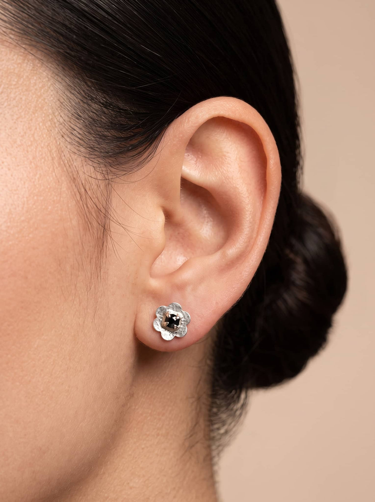 Black Enamel Flower Silver Stud Earrings - ear styling view - Hardik Jewels