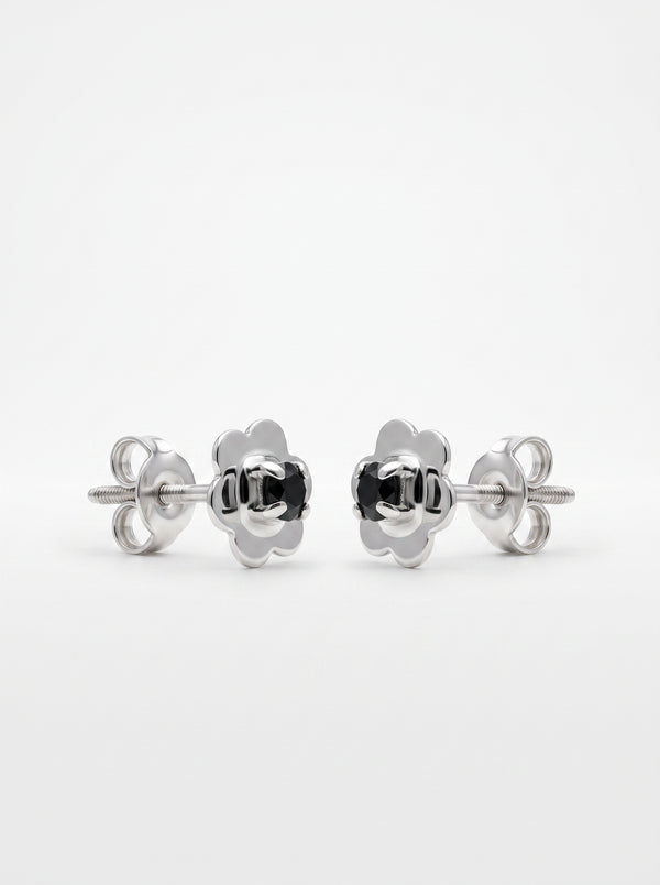 Black Enamel Flower Silver Stud Earrings