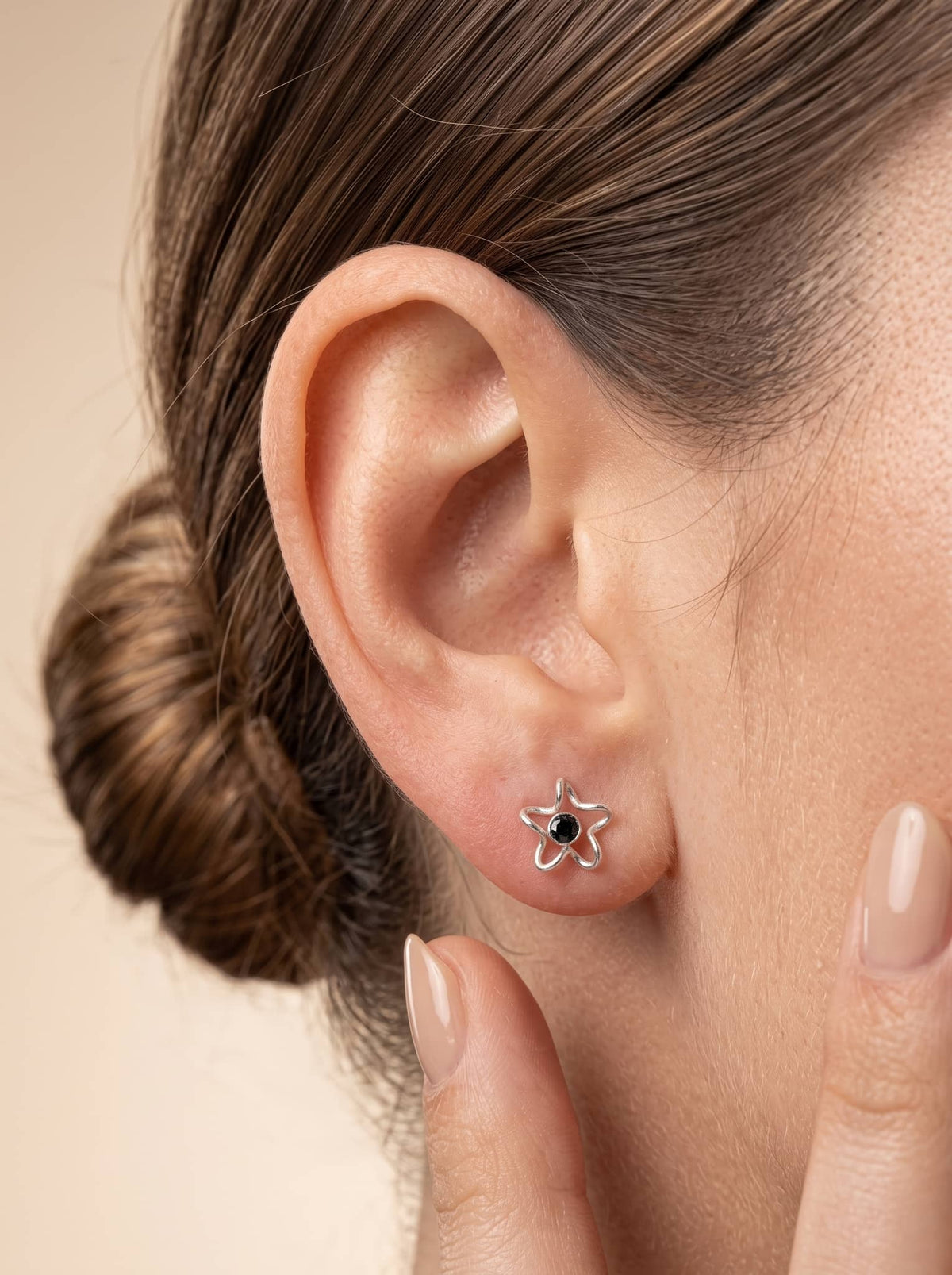 Black CZ Bunny Silver Stud Earrings - ear styling view - Hardik Jewels