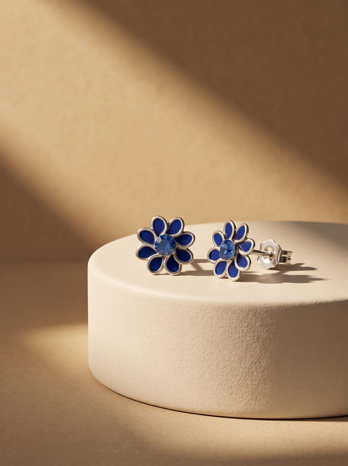 Blue Enamel Flower Silver Stud Earrings - premium jewellery display - Hardik Jewels
