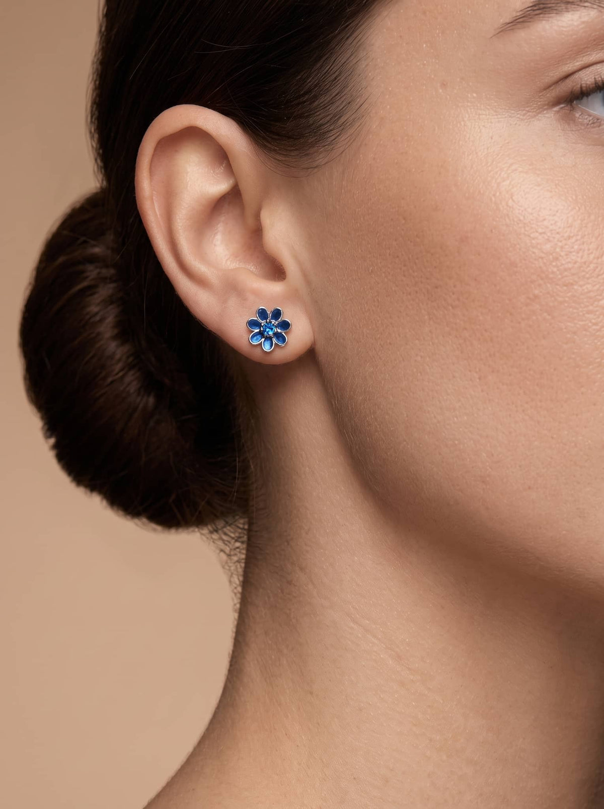 Blue Enamel Flower Silver Stud Earrings - ear styling view - Hardik Jewels