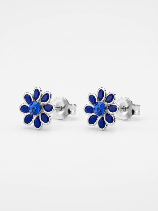 Blue Enamel Flower Silver Stud Earrings