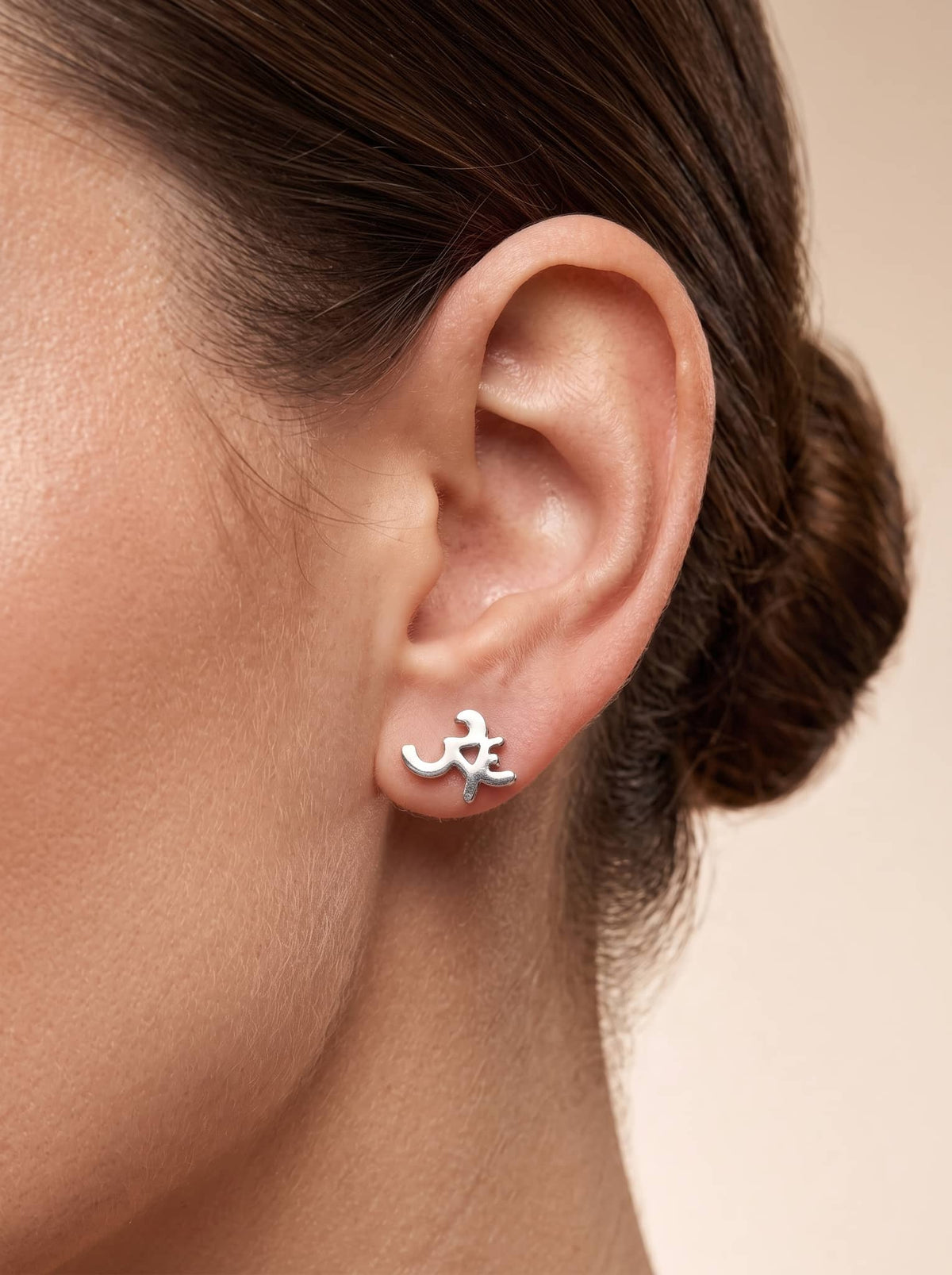 Om Symbol 92.5 Sterling Silver Stud Earrings - ear styling view - Hardik Jewels