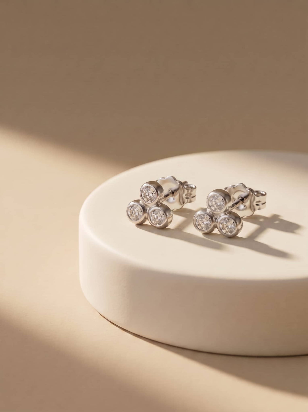 Triple CZ Cluster Silver Stud Earrings - premium jewellery display - Hardik Jewels