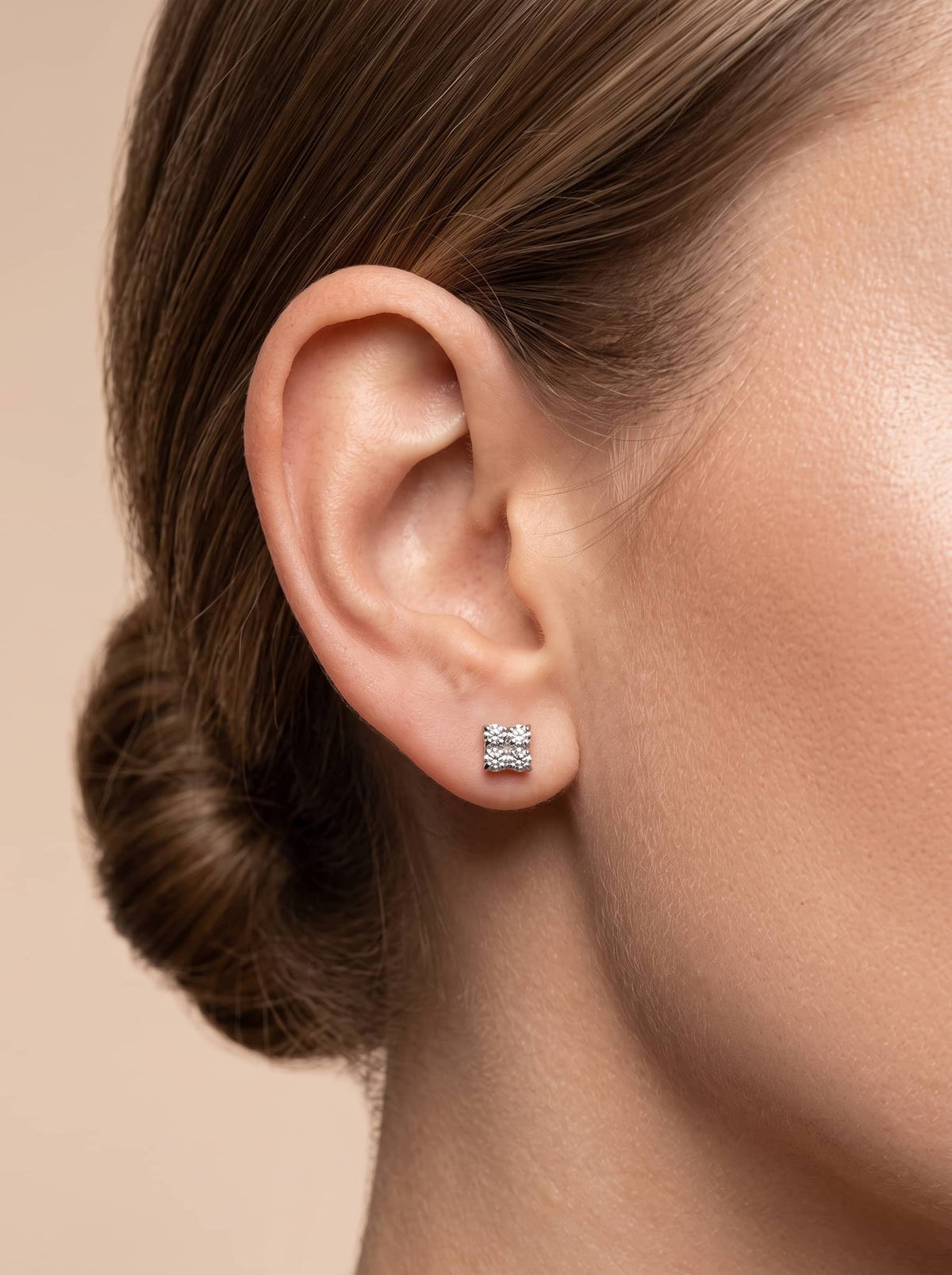 Square Four CZ Silver Stud Earrings - ear styling view - Hardik Jewels